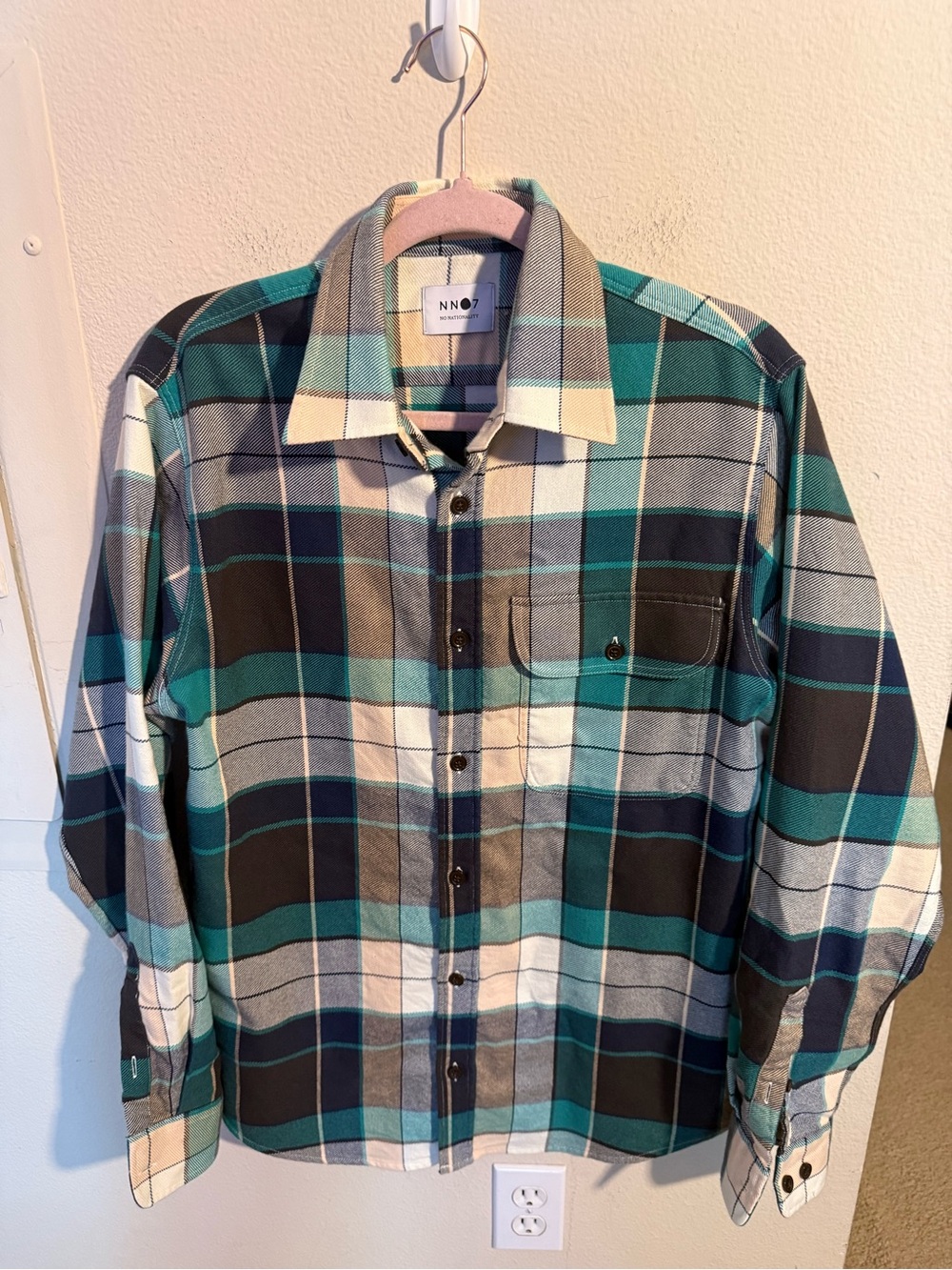 NN07 Alpha Shirt Men’s Medium Green Navy Plaid Flannel Button Up